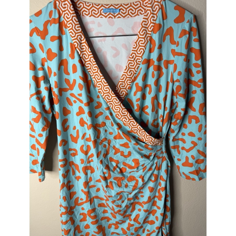 J. McLaughlin Blythe Faux Wrap Dress Blue Orange Print Catalina Cloth Size M - Picture 2 of 8